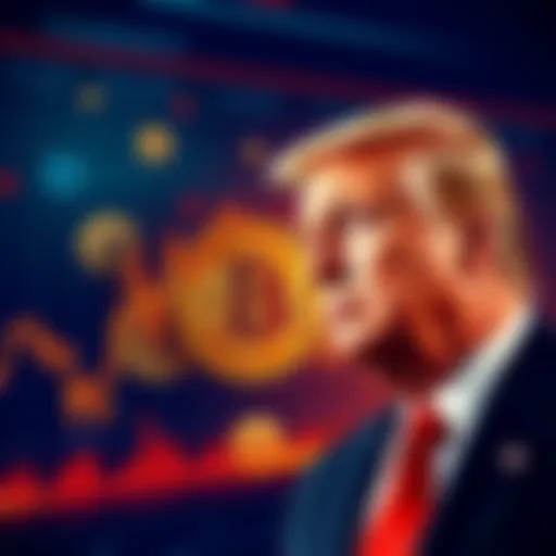 Graph showing a market downturn followed by recovery with a backdrop of cryptocurrency symbols and a portrait of President Trump