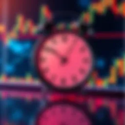 A clock with financial charts and a candlestick pattern in the background, symbolizing the importance of timing in selling investments.