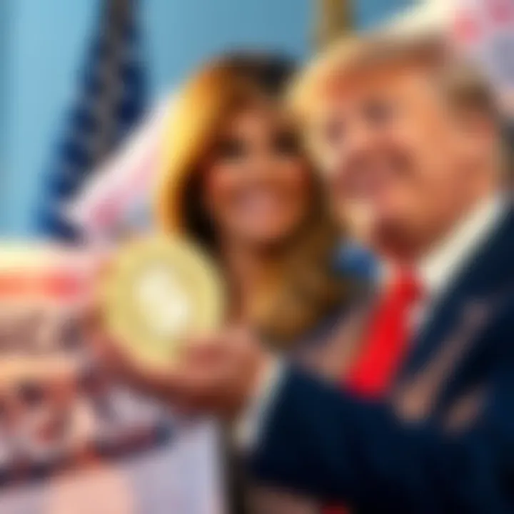 Melania Trump smiling while holding a digital currency logo, surrounded by headlines about a scam, showcasing her endorsement of a new memecoin