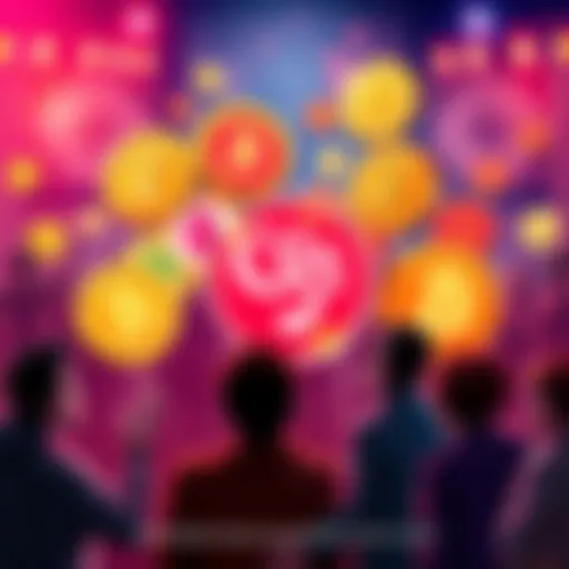 A collection of popular meme coins like Doge, Toshi, and Shib represented with their logos and symbols, surrounded by excited people discussing investments.