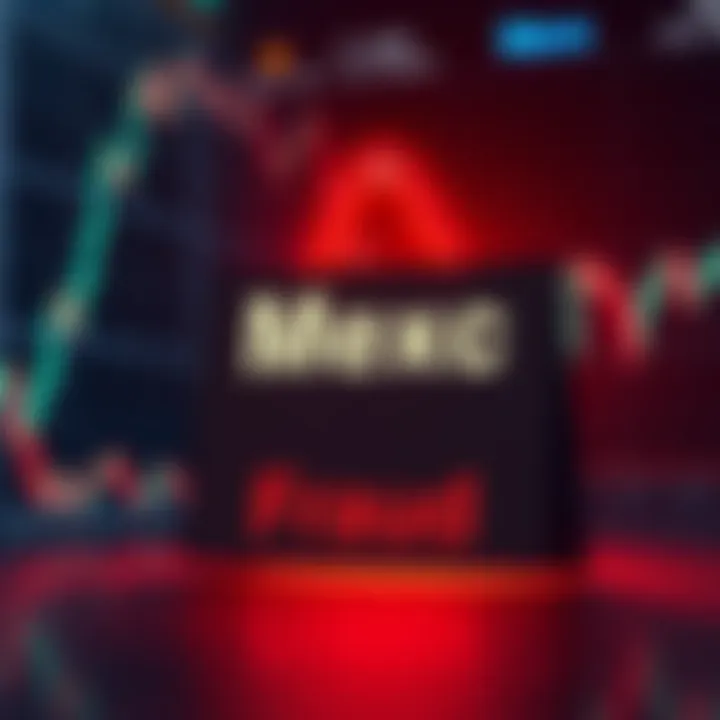 Mexc Exchange Scandal A warning sign labeled 'Mexc Fraud' with a backdrop of financial graphs depicting decline, representing concerns about the exchange's legitimacy.