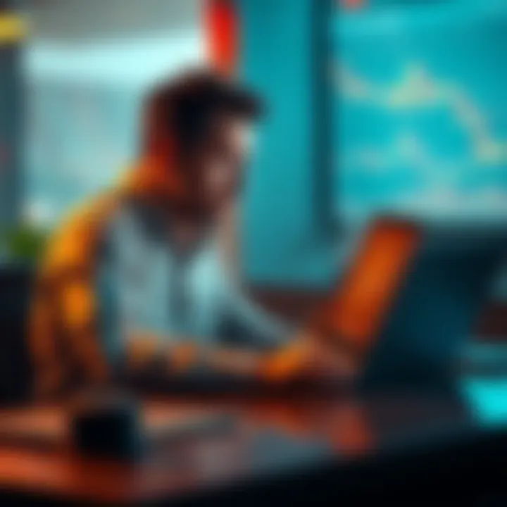 Michael Saylor sitting at a desk, looking thoughtfully at a Bitcoin chart on a laptop, symbolizing his hesitation to liquidate BTC holdings.