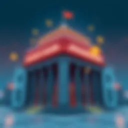A representation of a bank building with digital currency symbols, illustrating the partnership between the largest bank in the Middle East and JPMorgan's blockchain network for real-time payments.