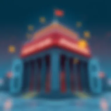 A representation of a bank building with digital currency symbols, illustrating the partnership between the largest bank in the Middle East and JPMorgan's blockchain network for real-time payments.