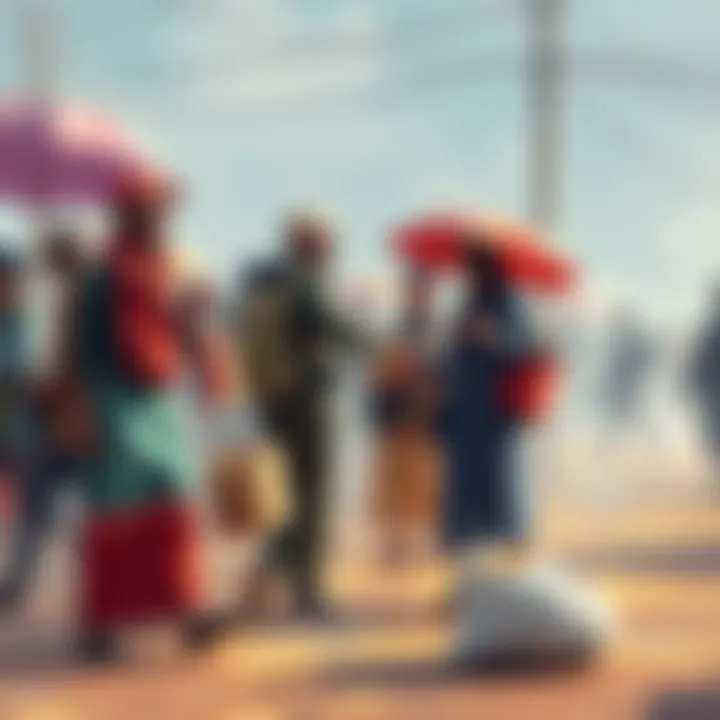 Illustration showing people exchanging goods during a monthly migration event, highlighting the impact on transaction frequency.