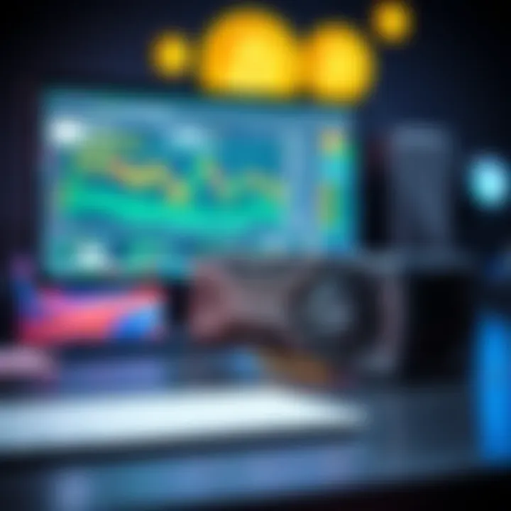 A graphics card placed on a desk, connected to a computer, showing mining software on the screen, with Bitcoin symbols in the background.