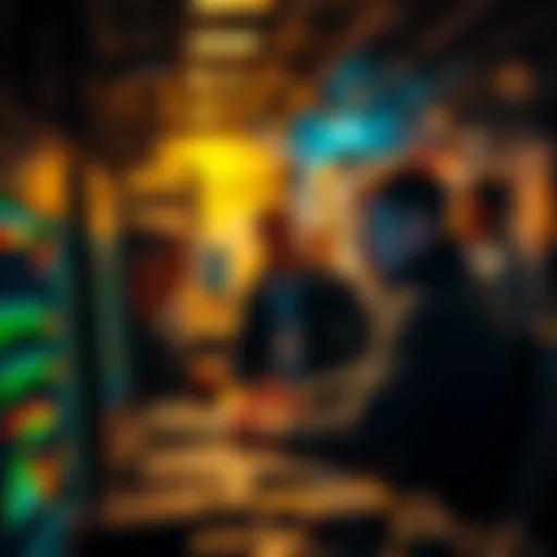 A person networking in a mining setting, discussing strategies with others to boost mining output through referrals