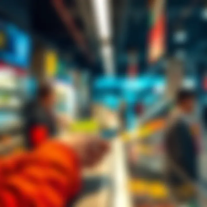 A person making a contactless crypto payment with a smartphone at a checkout counter.