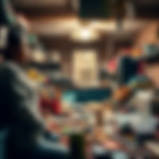 A mother surrounded by unfinished projects and craft supplies in a cluttered basement