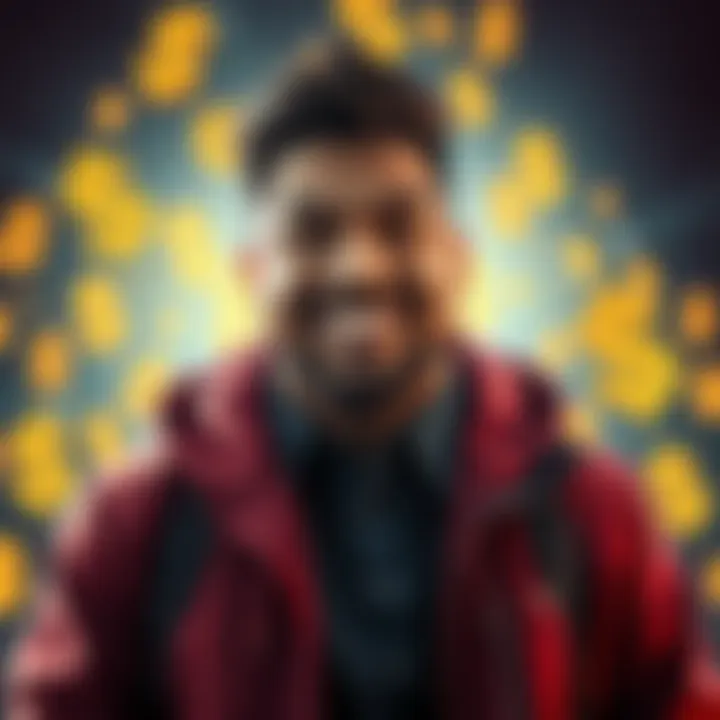 MrBeast smiling with a backdrop of dollar signs and cryptocurrency symbols, representing his venture into financial services and crypto