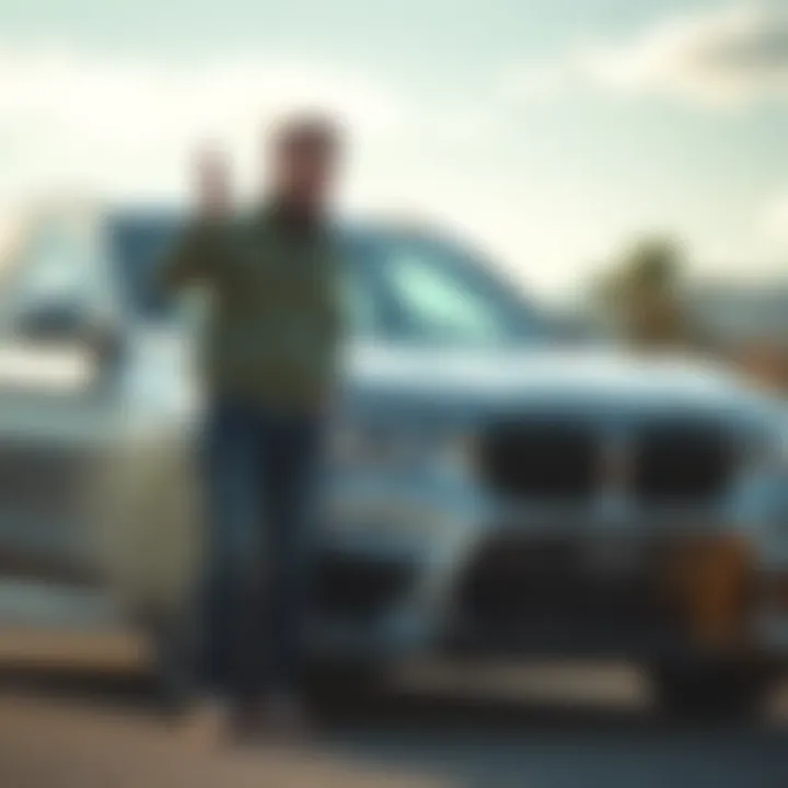 A proud cryptocurrency investor stands next to their first BMW, celebrating their achievement with a smile.