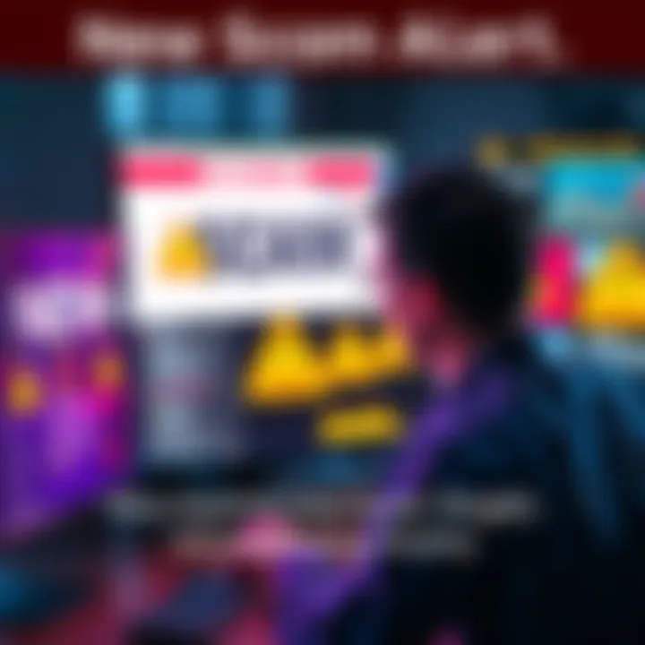 Graphic showing a person looking puzzled at a computer screen with scam warning signs