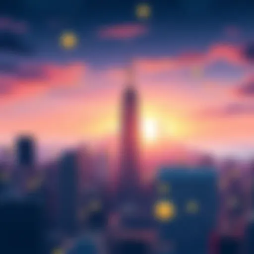 Illustration of New York City skyline with cryptocurrency symbols and tax documents