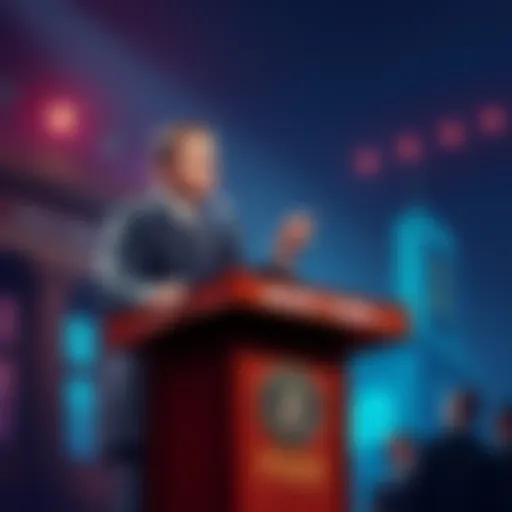 A New York lawmaker stands at a podium discussing a new tax on cryptocurrency while holding a chart showing rising crypto sales.