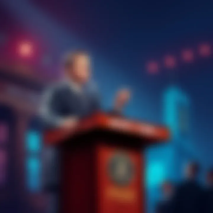 A New York lawmaker stands at a podium discussing a new tax on cryptocurrency while holding a chart showing rising crypto sales.