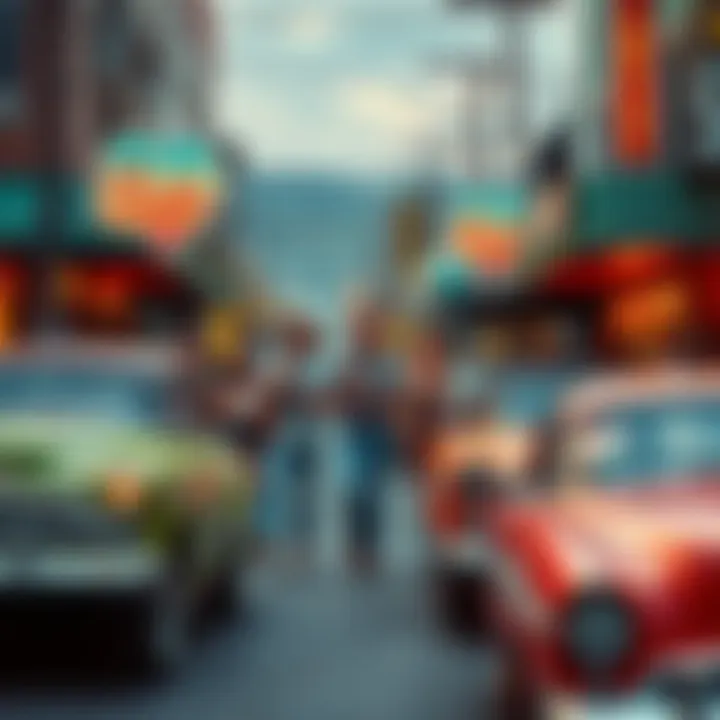 A vibrant street filled with people enjoying retro music, vintage clothing, and classic cars, capturing the essence of a nostalgic era.
