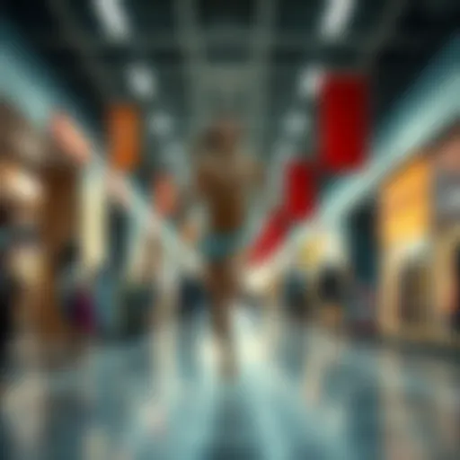 A person sprinting through a mall with no clothes on, attracting attention from shoppers, with a playful atmosphere.