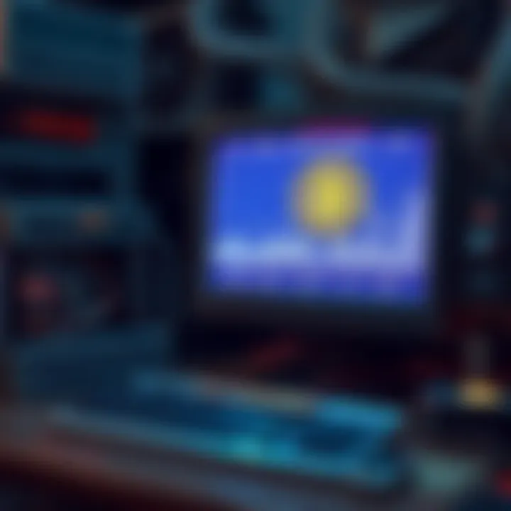 A vintage computer setup with mining hardware and cryptocurrency graphics on the screen, representing the search for forgotten digital currencies.