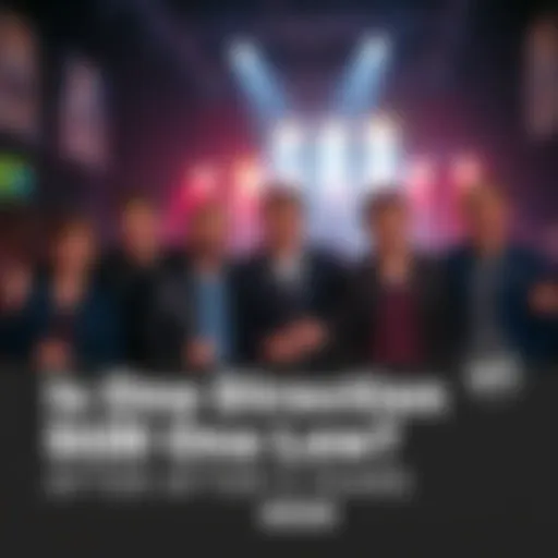 The five members of One Direction stand together with smiles, reflecting on their journey in pop music, surrounded by nostalgic elements like concert lights and fan memorabilia.