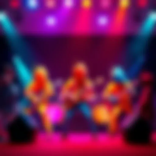 Eight vibrant origami-style musicians in a rock concert setting, showcasing unique colors and textures.