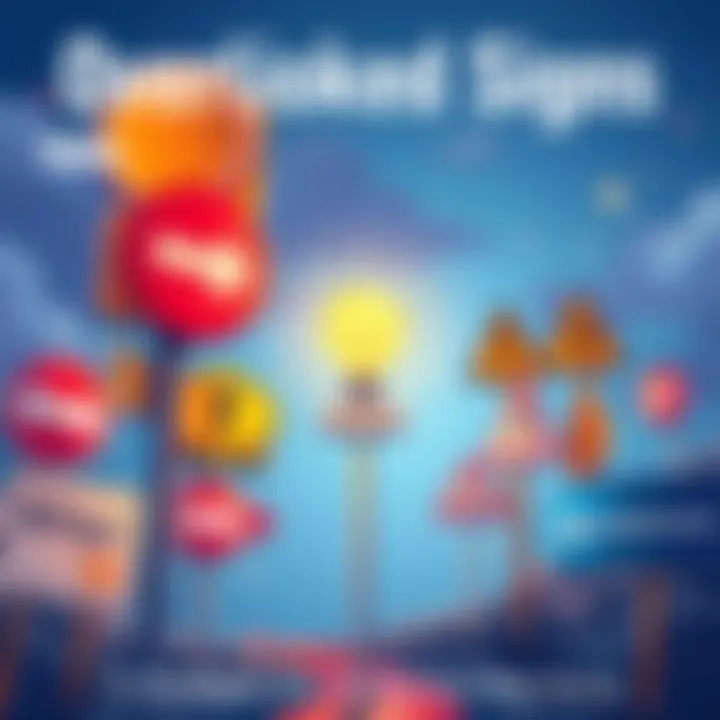 Illustration showing various signs and markers that hint at a conclusion with a light bulb above them, symbolizing realization.