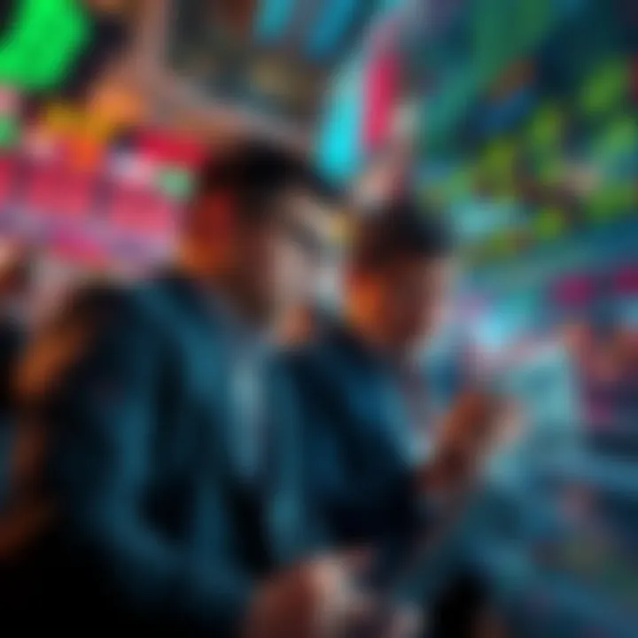 Investors anxiously watching stock prices drop and discussing selling their assets in a chaotic environment