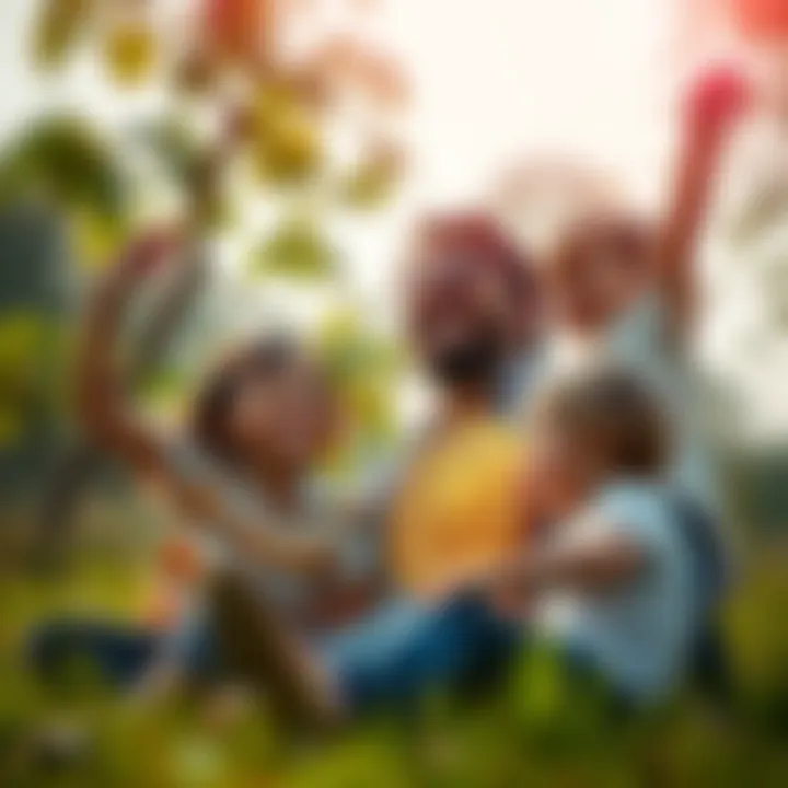 A happy parent spending quality time with their children outdoors, celebrating a financial success from selling Bitcoin.