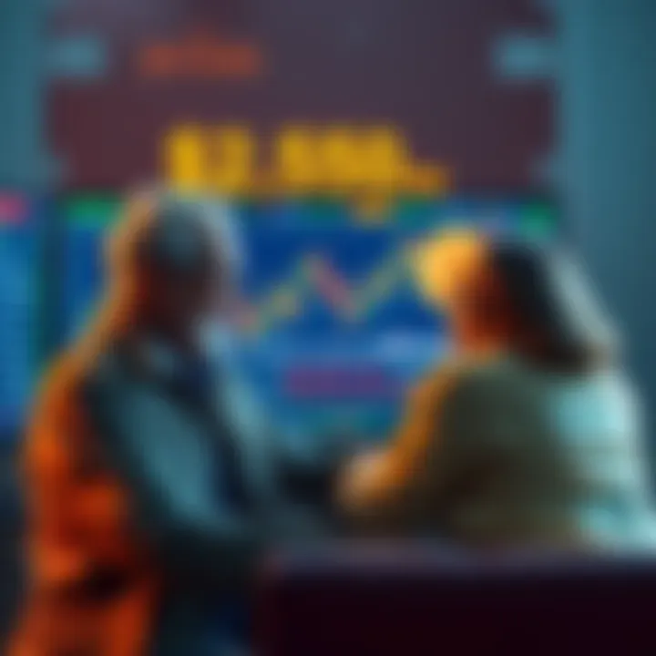 A couple sitting in front of a computer screen displaying Bitcoin prices, looking surprised and excited about their investment decision.