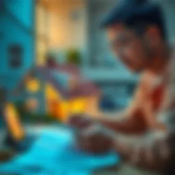 A person calculating finances while looking at a house and investment documents, considering using part of their investments to pay off a mortgage.