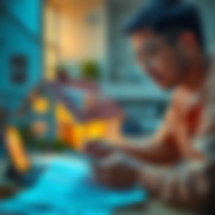 A person calculating finances while looking at a house and investment documents, considering using part of their investments to pay off a mortgage.