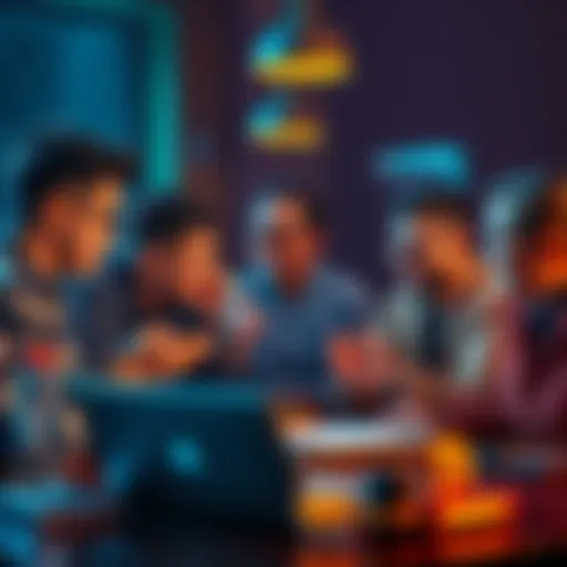 A diverse group of people engaged in a lively discussion about NFTs and Bitcoin, with laptop and digital assets visible around them