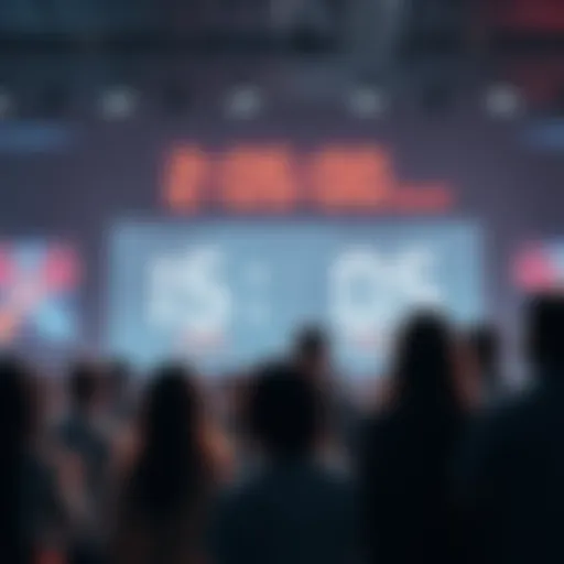 A group of people eagerly discussing and looking at a large screen displaying a countdown to a big announcement.