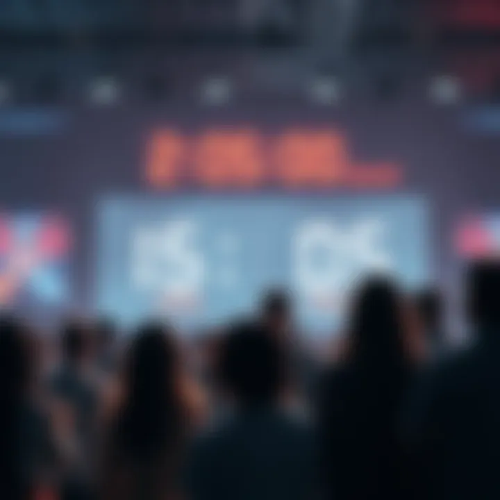 A group of people eagerly discussing and looking at a large screen displaying a countdown to a big announcement.