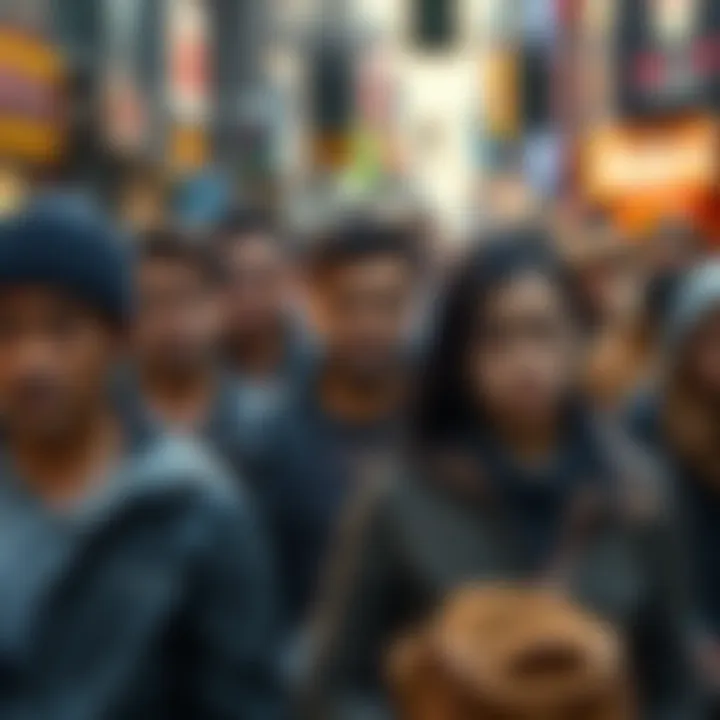 A diverse group of individuals looking worried as they navigate a busy urban street, reflecting the struggles of modern life.