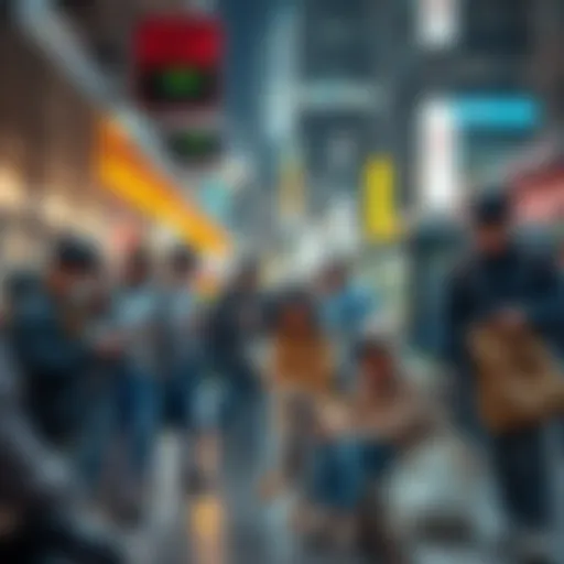 Group of diverse people engaging in daily activities, using technology and socializing in an urban setting