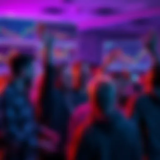 A group of excited people celebrating and discussing the recent surge in ETH prices, with charts showing positive trends on screens in the background