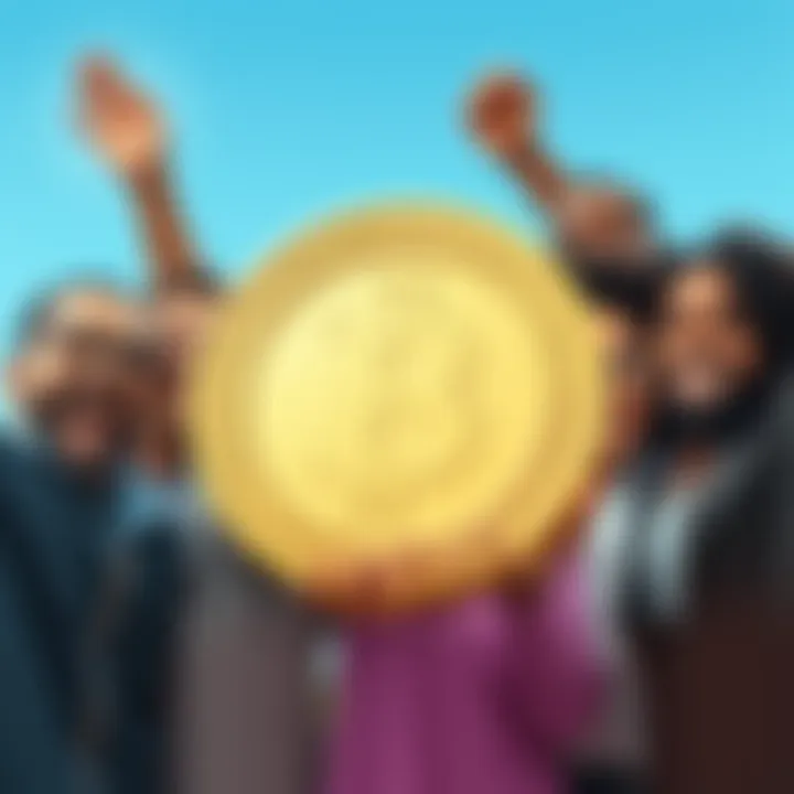 A diverse group of people smiling and celebrating their financial success, holding a large coin symbolizing a value of one dollar, representing collaboration and shared wealth.