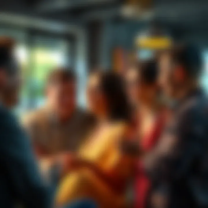 Group of people engaged in a conversation about financial status and aspirations in a casual setting.