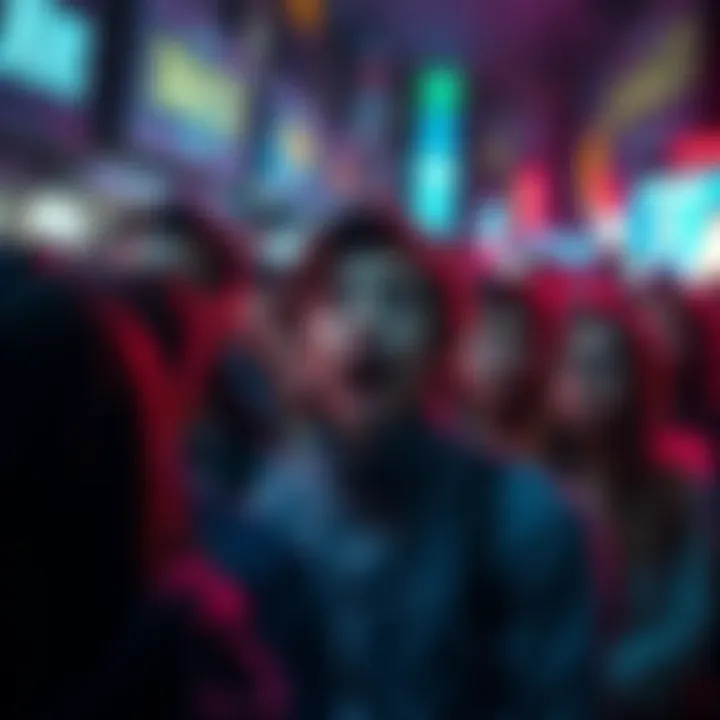 Crowd of people looking worried in response to an alarming news alert