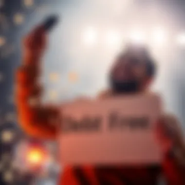Person celebrating financial success Individual smiling and holding a sign that says 'Debt Free' with Ethereum symbols in the background