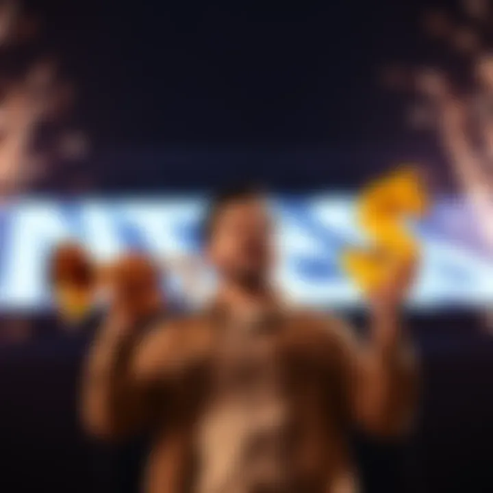 A person holds a trumpet and a dollar sign, looking happy after making their first profit from investments, symbolizing excitement for future purchases.