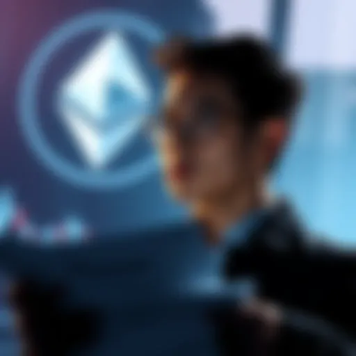 Individual looking at financial documents with Ethereum logo in the background, contemplating a loan for investment