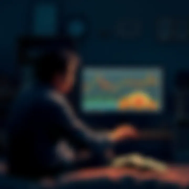 Individual sitting alone, looking thoughtfully at a computer screen displaying Bitcoin charts, surrounded by personal items that symbolize life's challenges like books and family photos.