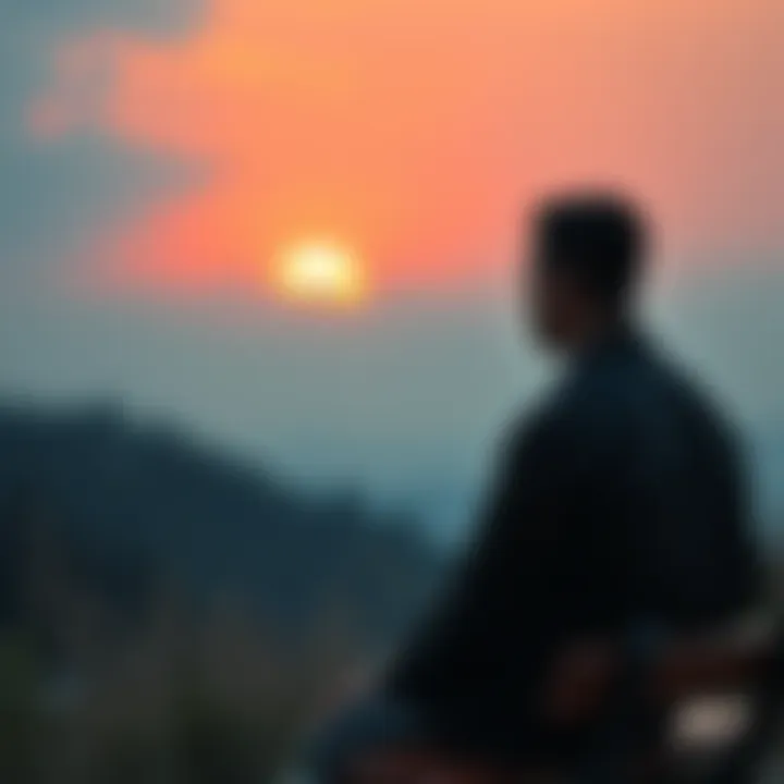 A man sitting on a bench, looking thoughtful while gazing at a sunset, symbolizing reflection and learning from past errors