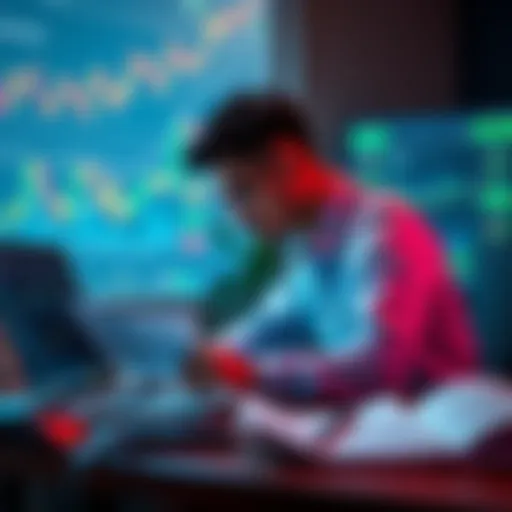 A person sitting at a desk with a laptop, analyzing cryptocurrency charts and bank documents for large transactions.