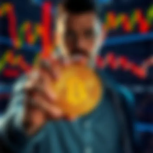 A confident person holding a Bitcoin coin, surrounded by trading charts, symbolizing a calm investment approach in contrast to high-stakes trading.