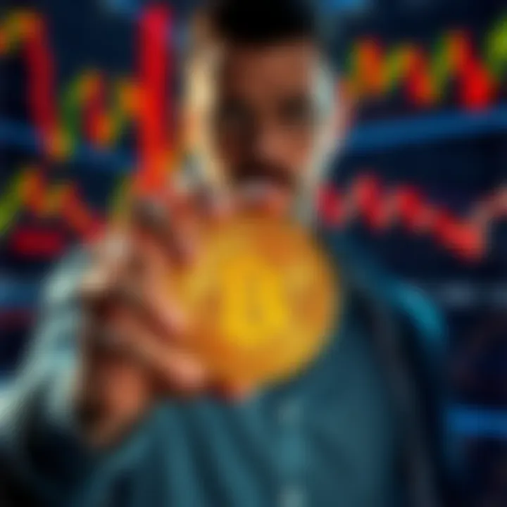 A confident person holding a Bitcoin coin, surrounded by trading charts, symbolizing a calm investment approach in contrast to high-stakes trading.