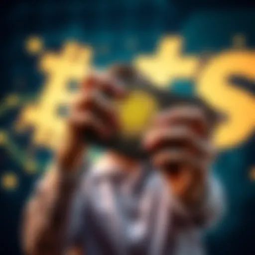 A person excitedly holding a Bitcoin wallet, with digital currency symbols in the background