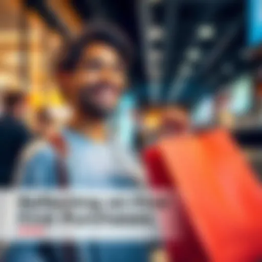 A person smiles while holding a shopping bag, reflecting on their first purchase experience from 2020.