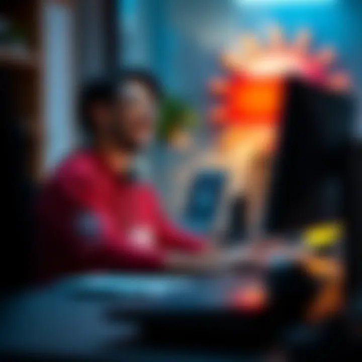 Individual laughing while sitting at a desk with a computer, engaging in a humorous chat with a crypto scammer